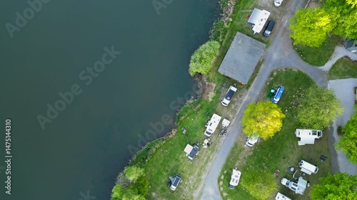 Lakeside at dusk, Westerwald, Germany - aerial view