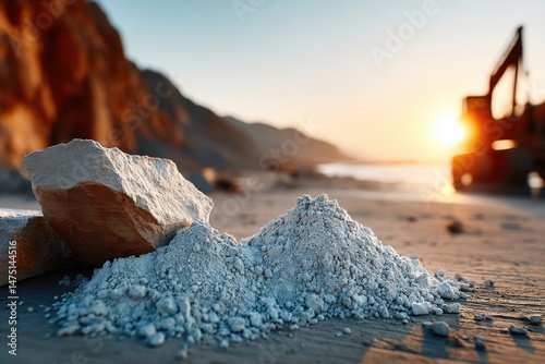 Quarry site with freshly mined white powdery material at sunset near a coastal landscape