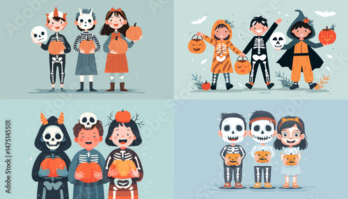 Halloween Fun: Adorable children in delightful costumes are ready for a night of trick-or-treating, embracing the spirit of Halloween with spooky joy.