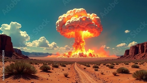 Mushroom cloud rising from a desert landscape, nuclear explosion aftermath , power, impact, atomic bomb