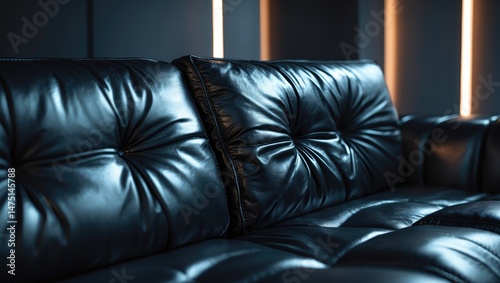 Luxurious black leather couch with intricate detailing