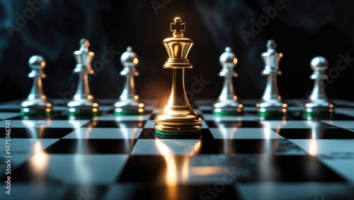 Single golden pawn amidst silver pieces on a chessboard symbolizing challenge and rivalry in business concepts photo