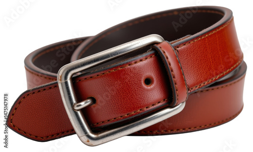 Leather belt with metal buckle isolated on transparency background, showing detailed texture and warm brown color