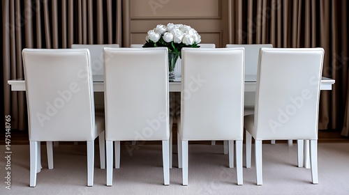 Elegant Dining Room Decor  Minimalist White Chairs and Floral Centerpiece for a Serene Atmosphere.