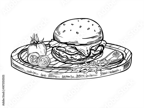 Juicy burger on round wooden board with fresh ingredients like tomato, onion, cucumber, and lettuce. Tasty street food hand drawn black and white vector illustration. For menus, food packaging.