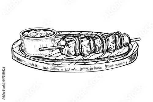 Monochrome kebab skewers on round wooden board with ceramic sauce bowl vector illustration painted by black inks. For BBQ menus, food blogs. Suitable for meat, vegetarian or vegan concepts