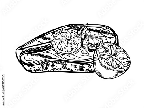 Grilled fish steak with lemon slice monochrome vector illustration in black and white. BBQ seafood slice with citrus for seafood restaurant menus, healthy cooking blogs, and gourmet food packaging.