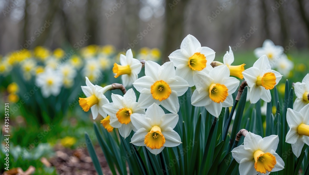 Cultivated garden with a bush of white daffodils and a meadow of spring flowers outside Cultivated garden with a bush of white daffodils and a meadow of spring flowers outside