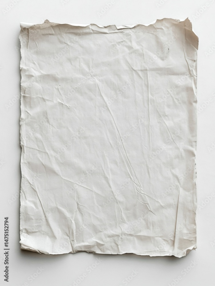 Obraz premium Close up of a crumpled paper sheet on a white background, studio shot, full frame, neutral tone, torn edges