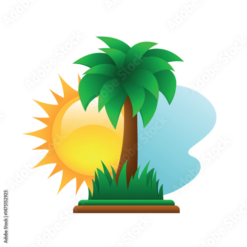 Summer illustration. Palm tree, sun and blue sky. Vector illustration.