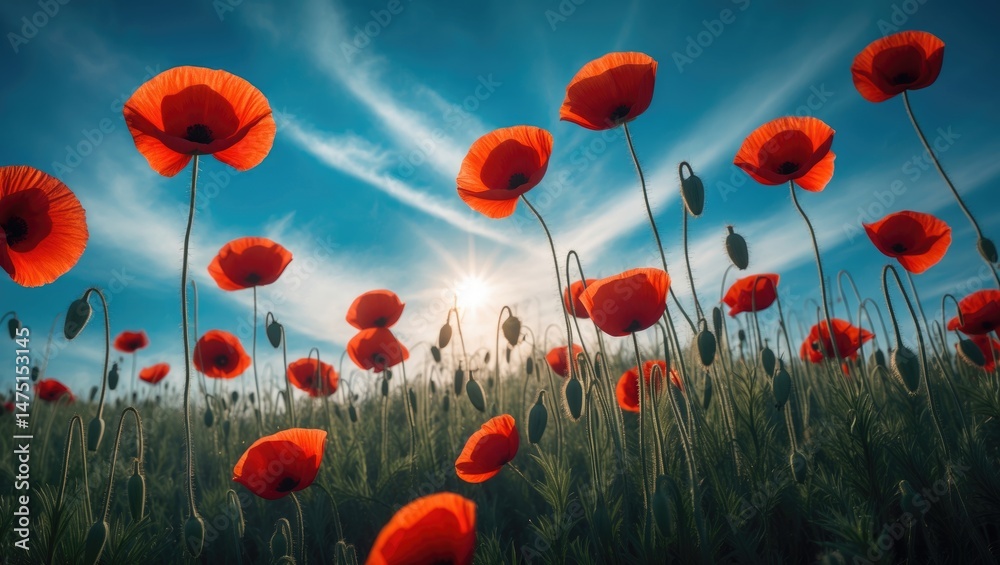 Fototapeta premium Close-up of red poppies in a field with sunlight streaming from below, set against a stunning sky background
