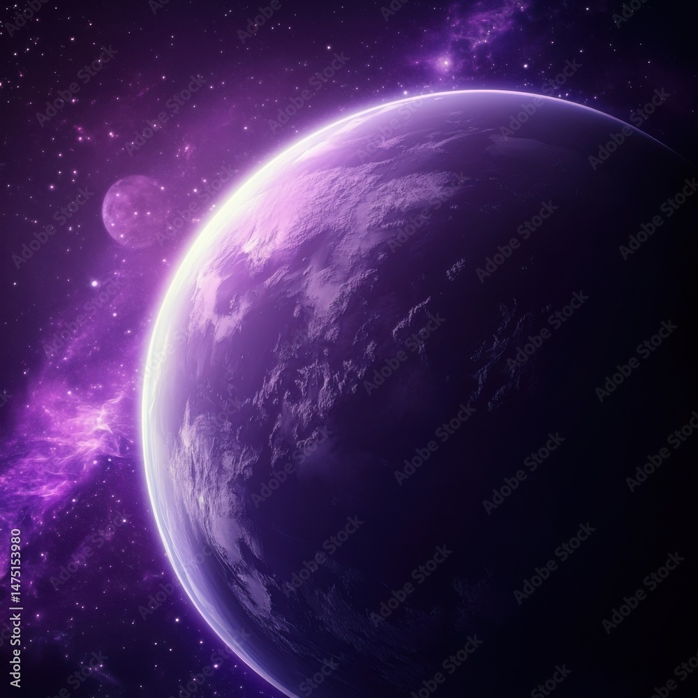 Fototapeta premium Purple Planet and Moon in Deep Space Fantasy Art Close Up View with Stars and Nebula Background