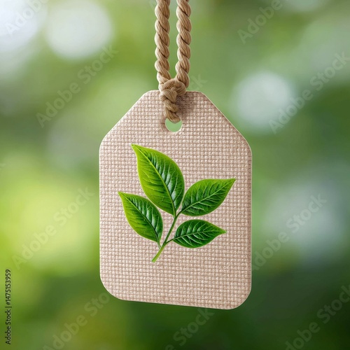Eco-friendly biodegradable garment tag with green leaves nature closeup sustainable fashion organic materials