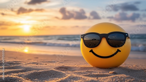 Bright sunny beach scene with a smiling ball wearing sunglasses beside the waves at sunset
