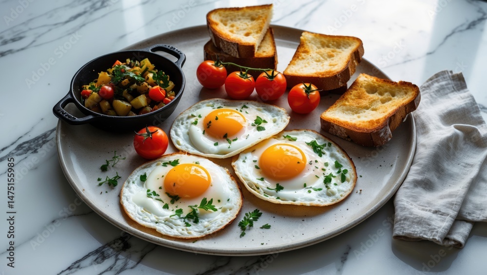 Healthy morning meal with eggs, vegetables, cherry tomatoes, and bread slices on a white background Healthy morning meal with eggs, vegetables, cherry tomatoes, and bread slices on a white background