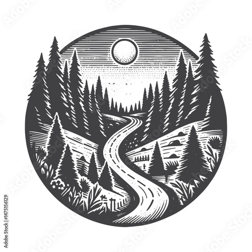 Vintage Hand-Drawn Road Trip through Forest Illustration – Travel Adventure Engraved Style Vector for T-Shirts, Posters, Stickers, and Road Trip Themes Apparel