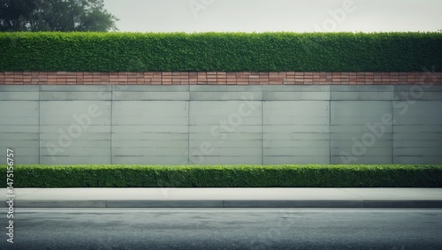 Wallpaper Mural Concrete prefab house fence featuring bricks on top and a hedge behind, cement sidewalk and street before, urban backdrop for copy space Torontodigital.ca