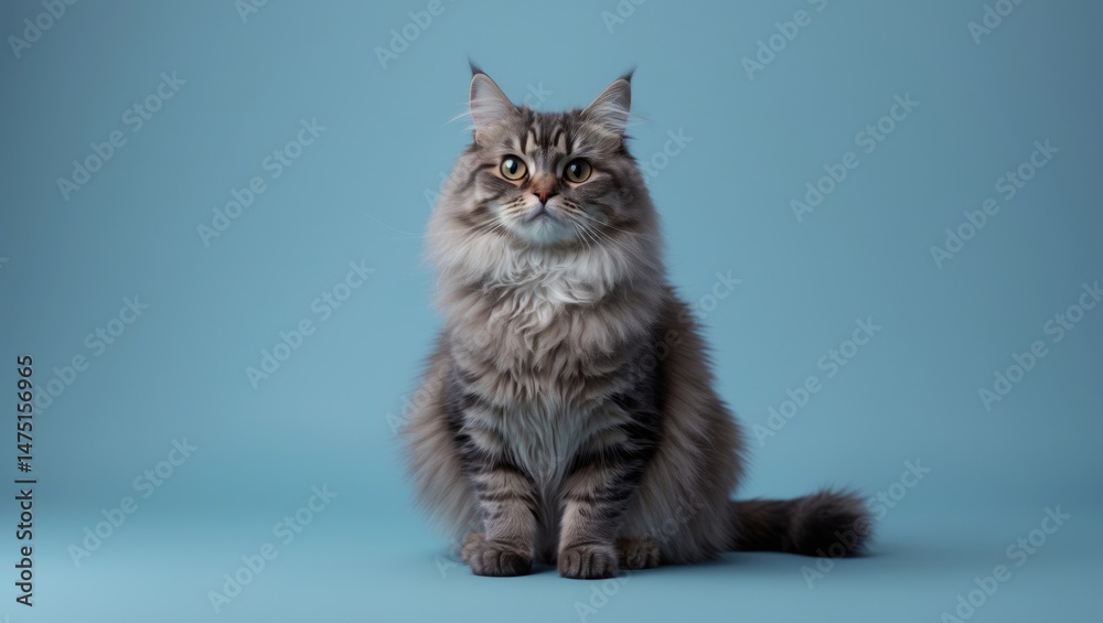 Obraz premium Beautiful young feline with long whiskers and asymmetric markings, front view on multicolored backdrop.