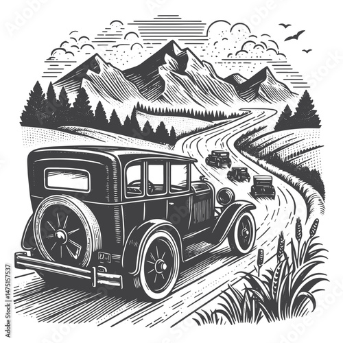 Vintage Hand-Drawn Road Trip in Vintage Car Illustration – Travel Adventure Engraved Style Vector for T-Shirts, Posters, Stickers, and Road Trip Themes Apparel