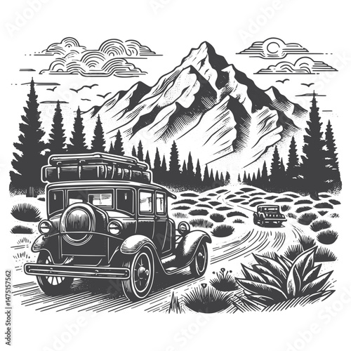 Vintage Hand-Drawn Road Trip in Vintage Car Illustration – Travel Adventure Engraved Style Vector for T-Shirts, Posters, Stickers, and Road Trip Themes Apparel