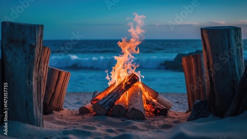 Sunset Beach Bonfire Surrounded by Rocks and Nature at Ground Level photo