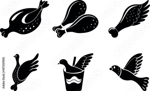 Chicken Silhouettes Collection: A set of six unique chicken silhouettes, showcasing whole roasted chicken, chicken legs, and stylized flying birds, ideal for menu design or branding.