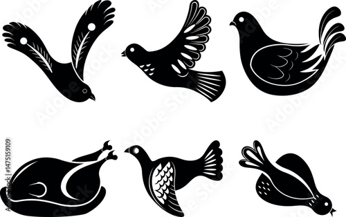 Birds in flight, simple drawing: Captivating artwork presents birds gracefully soaring in flight, with various poses offering diverse perspectives of their elegant silhouettes.