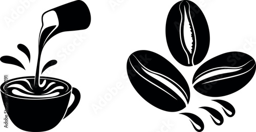 Brewed Delight: Minimalist monochrome artwork showcasing the art of coffee-making, pouring a freshly brewed elixir into a waiting cup and the essence of coffee beans.
