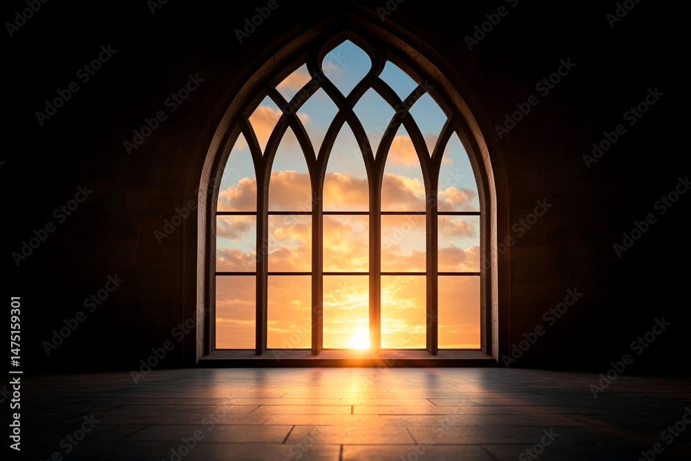 Fototapeta premium A sunset view through a gothic-style arched window, framing a sky with dramatic clouds and warm ambient light 