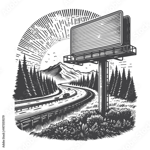 Vintage Hand-Drawn Road Trip with Highway Billboard Illustration – Travel Adventure Engraved Style Vector for T-Shirts, Posters, Stickers, and Road Trip Themes Apparel