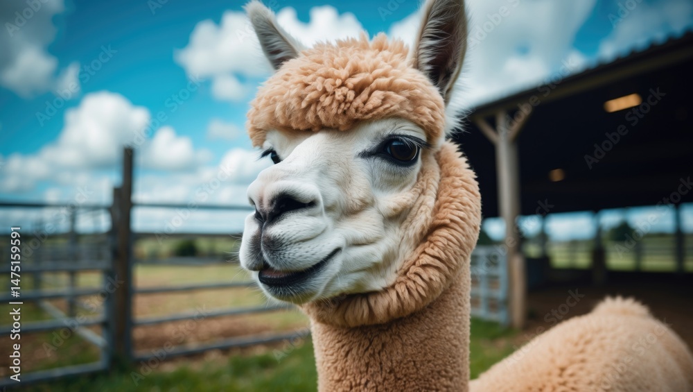 Obraz premium Furry alpaca face and neck in countryside setting