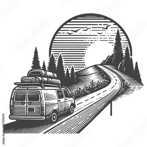 Vintage Hand-Drawn Road Trip with Mountain View Illustration – Travel Adventure Engraved Style Vector for T-Shirts, Posters, Stickers, and Road Trip Themes Apparel