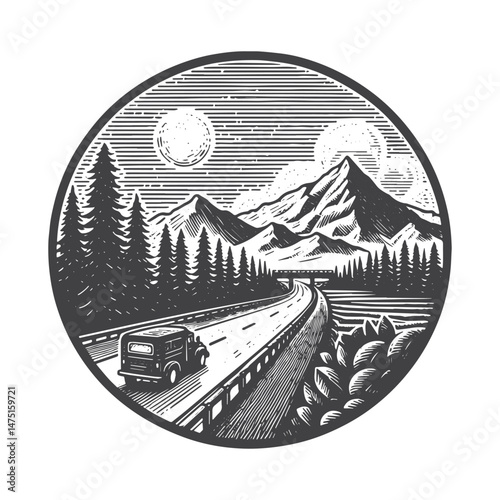 Vintage Hand-Drawn Road Trip with Mountain View Illustration – Travel Adventure Engraved Style Vector for T-Shirts, Posters, Stickers, and Road Trip Themes Apparel