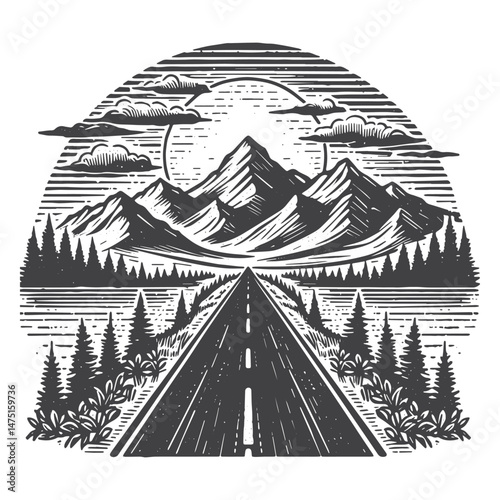 Vintage Hand-Drawn Road Trip with Mountain View Illustration – Travel Adventure Engraved Style Vector for T-Shirts, Posters, Stickers, and Road Trip Themes Apparel