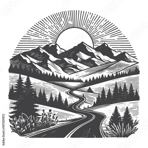 Vintage Hand-Drawn Road Trip with Mountain View Illustration – Travel Adventure Engraved Style Vector for T-Shirts, Posters, Stickers, and Road Trip Themes Apparel