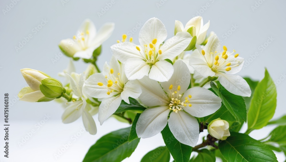 Obraz premium Graceful jasmine blooms with surrounding leaves in the background