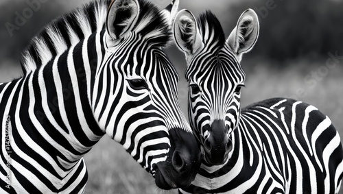 A black and white zebra mother caring for her calf in nature