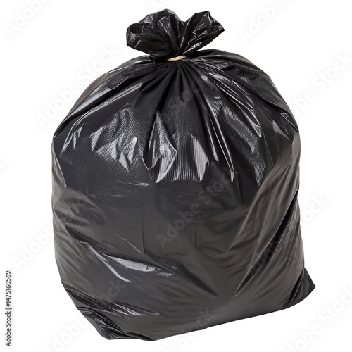 Heavy duty black trash bag filled and sealed for throwing away isolated on the transparent background