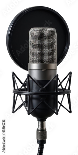 Condenser studio microphone with pop filter and shock mount isolated transparency background, professional audio recording