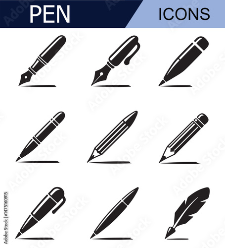 Set of black pen icons with different nib designs, ideal for representing writing, education, and office supplies in minimalist black and white style.