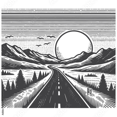 Vintage Hand-Drawn Road Trip at Sunset Illustration – Travel Adventure Engraved Style Vector for T-Shirts, Posters, Stickers, and Road Trip Themes Apparel