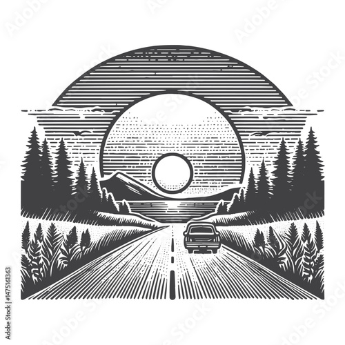 Vintage Hand-Drawn Road Trip at Sunrise Illustration – Travel Adventure Engraved Style Vector for T-Shirts, Posters, Stickers, and Road Trip Themes Apparel