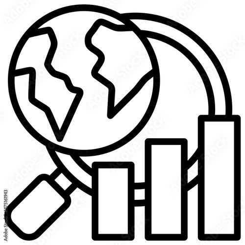 Globe with magnifier and data bars representing geographic analytics