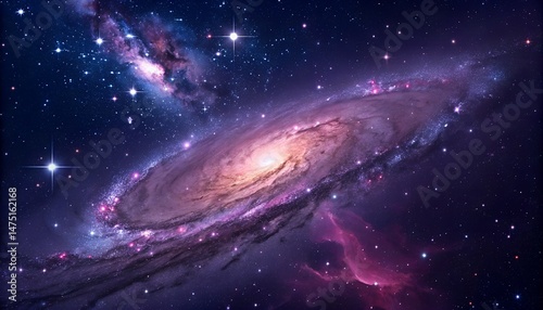 An amazing spectacular spiral galaxy shines brightly amidst the celestial wonders of a starry night sky