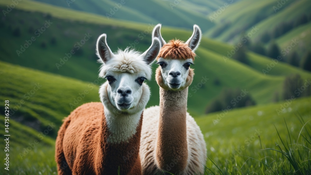 Obraz premium Exotic llama with woolly face peeks from behind another in a verdant grassland.