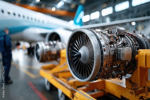 Jet engine maintenance in aviation hangar on a clear day with technicians working on aircraft