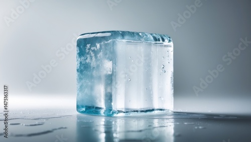 A solitary rectangular ice block, transparent against the backdrop. Purity and freshness theme.
