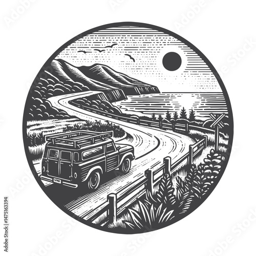 Vintage Hand-Drawn Road Trip on Coastal Road Illustration – Travel Adventure Engraved Style Vector for T-Shirts, Posters, Stickers, and Road Trip Themes Apparel