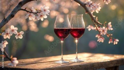 Still life of red wine glasses on a wooden table surrounded by flowering branches during springtime celebration