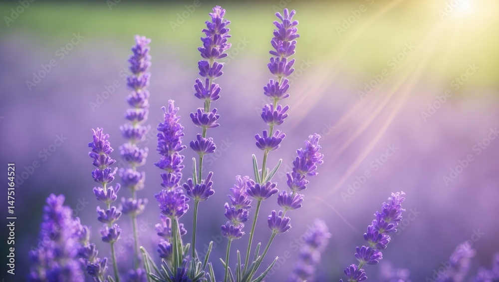 Naklejka premium Lavender close-up with a blurred scenery. Sun-drenched purple flowers in a field